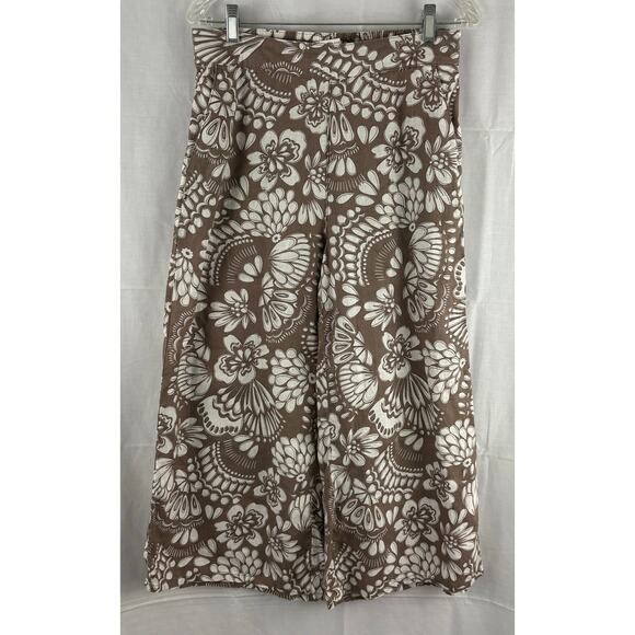 Rachel Zoe 100% Linen Flax Wide-Leg Crop Tan/White Floral Pants - Women Medium - Picture 1 of 6